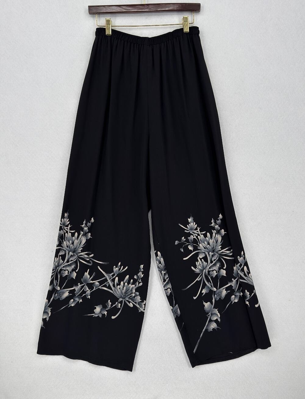 Harari Black White Silk Floral Print Elastic Waist Wide Leg Pull On Pants Sz L